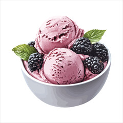 Delicious blackberry ice cream sundae in white bowl isolated on white background