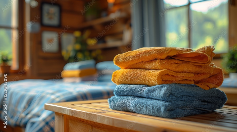 Poster an inviting image featuring neatly stacked towels on a wooden table in a cozy bedroom, showcasing wa