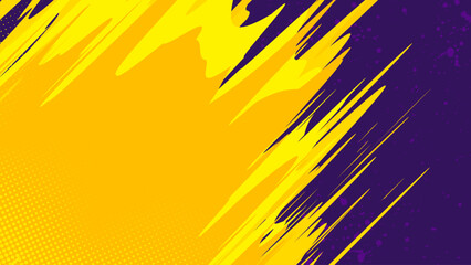Purple background with yellow diagonal brush strokes and halftone dots.