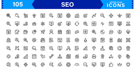 SEO Icon Set Featuring Search Engine Optimization, Keywords, Analytics, Ranking, and Traffic Concepts in a Clean, Professional Vector Style