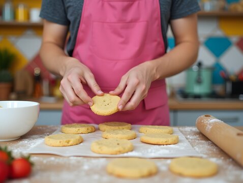 Man baking cookies in pink apron preparing fresh baked goods at kitchen table with colorful background