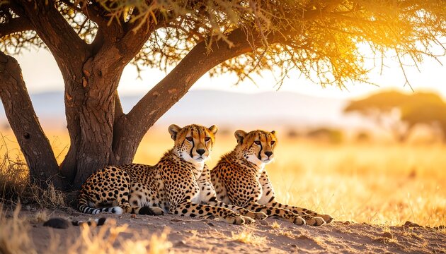 Cheetahs resting with African savanna sunset. - Powered by Adobe