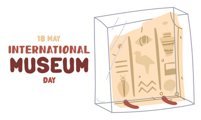 International Museum Day on May 18. part of an Egyptian plate with hieroglyphs on stand under glass. Flat color illustration for use in posters, articles, social media, science and history. Horizontal