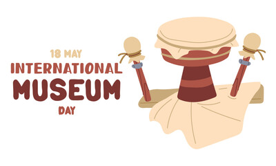 International Museum Day on May 18. An antique animal skin drum. Flat color illustration for use in posters, articles, and social media related to science and history. Horizontal banner