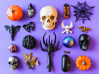 Collection of Halloween decorations including skulls, bats, and pumpkins. Scene is spooky and festive