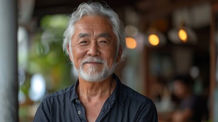 A joyful senior man with gray hair and a beard, smiling gently in a natural outdoor setting, representing wisdom and positivity in later stages of life.