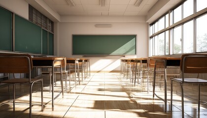 Sunlit empty classroom with neatly arranged desks and green chalkboard, bright airy educational space with large windows