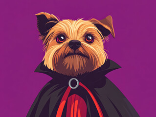 Small dog is wearing a cape and standing in front of a purple background. The dog is looking directly at the camera, giving the impression that it is a character from a horror movie or a comic book