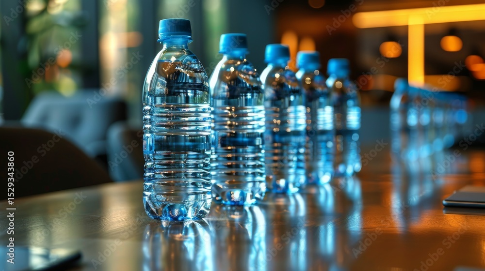 Poster a visually appealing row of clear bottled water displayed on a polished wooden table, emphasizing hy