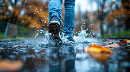 A captivating shot of feet splashing through puddles on a rainy day, conveying a sense of playfulness and connection with nature even amidst gloomy weather conditions.