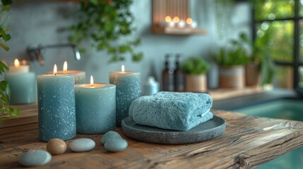 An inviting spa scene features calming candles, soft towels, and lush greenery, creating a serene atmosphere perfect for relaxation and rejuvenation in a tranquil environment.