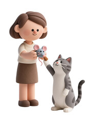 3D cartoon girl playing with gray cat using toy mouse, cute interaction with pet, isolated on white background