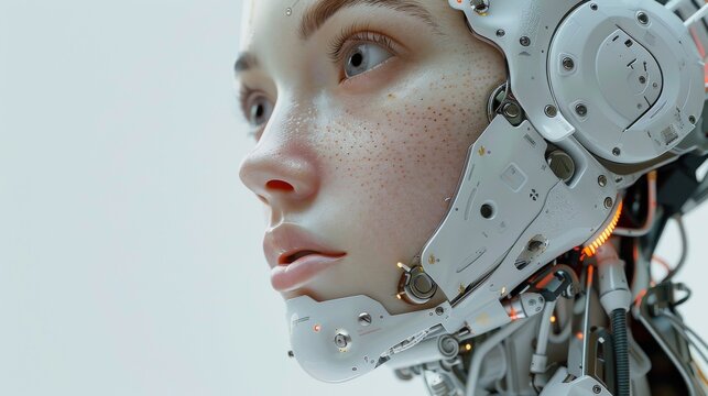 A striking humanoid robot showcases intricate mechanical details and lifelike features, embodying the advancements in technology and artistry, merging human expression with robotic design.