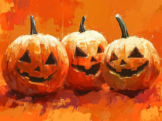 Three pumpkins with their mouths open and eyes wide, smiling. The painting is orange and has a Halloween theme
