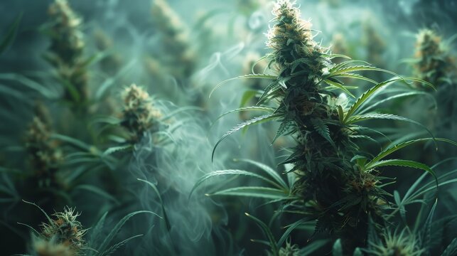 Fototapeta A beautifully composed image of a cannabis plant thriving in a serene, misty environment, promoting themes of nature, growth, and tranquility within the greenery.