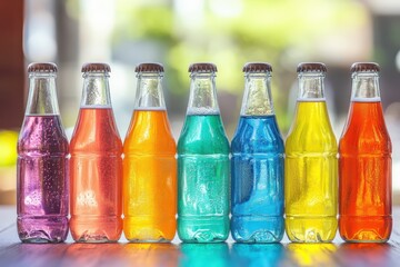 Colorful fizzy drinks in glass bottles are displayed on the wooden table. Use for marketing, advertising, or design of refreshing beverages.