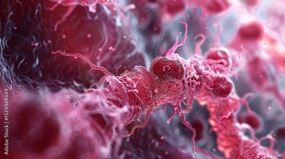 Poster an intricate, detailed microscopic image illustrating complex cellular structures in vibrant colors,