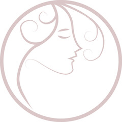 Minimalist line art of a female profile with flowing hair and soft features, enclosed in a circle. Pale pink on white background creates a calm, elegant, and feminine aesthetic for modern designs.