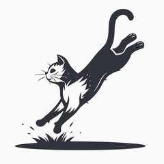 Stylized black cat stretches forward with a curved tail on a white background