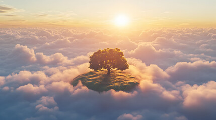 Tree on island floating in clouds at sunset