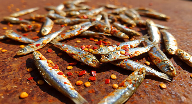 Kenya - Omena dried fish with pepper (Omena dried fish). tiny silver sardines dried with chili flakes
