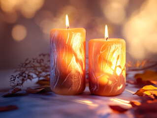 Two candles are lit and placed on a table with leaves and flowers. The candles are orange and have a wavy design. Scene is warm and cozy, with the candles providing a soft, flickering light