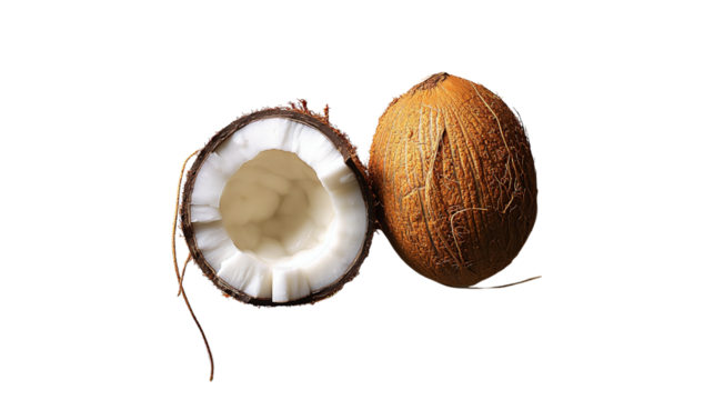 Realistic close-up of whole and halved coconut on white background.  Transparent PNG.  Tropical fruit with textured shell and fresh white flesh for editorial food and nutrition content.