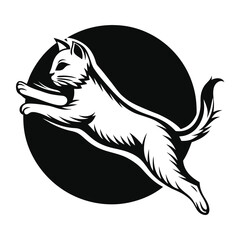 Stylized monochromatic shows an elegant cat leaping within a bold black circular background