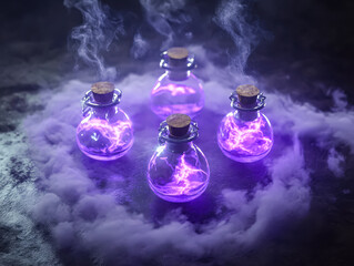 Set of four purple glass bottles with smoke coming out of them. The bottles are arranged in a circle, and the smoke is swirling around them. The scene has a mysterious and magical atmosphere