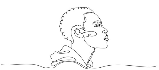 Continuous line drawing of an African American man on a white background. Line art portrait of a young man emerging from water during a contemplation moment in a serene setting
