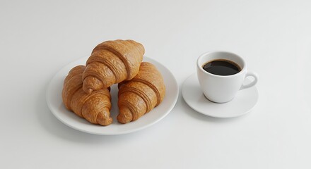 Freshly Baked Croissants with Coffee Isolated on White Background - A Perfect Morning Meal for Breakfast or Brunch Enjoyment