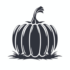 Stylized dark gray pumpkin with a uniquely shaped stem sits on a patch of grass