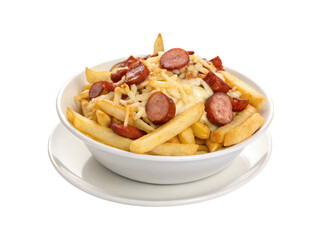 Delicious salchipapa in a white plate isolated on a transparent background png side view