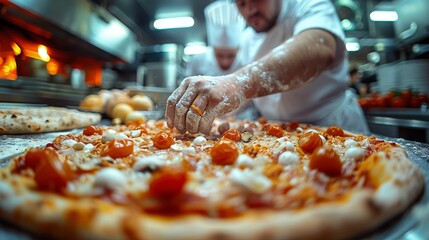 Busy chefs in a vibrant kitchen skillfully preparing fresh pizza, showcasing the artistic process of culinary creation accompanied by a variety of toppings and a lively kitchen atmosphere.