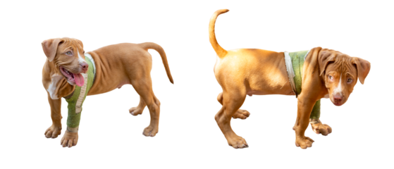 Rhodesian Ridgeback puppy with injured leg in cast, isolated on white background, studio shot.