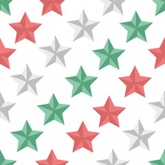 Vector 3D Shape Stars seamless pattern on white background. Shining Stars in Christmas Colors Texture Decorative Background. golden Stars Pattern for Birthday, Party, Celebration or for any concept.
