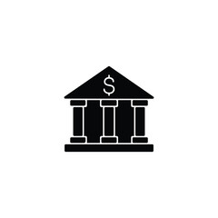 A simple black and white icon of a bank building with a dollar sign on the roof. Represents finance, banking, and money.