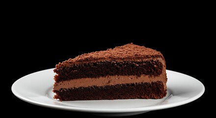 Chocolate Cake Slice on Plate Indulgent Dessert Sweet Treat Isolated on Black Background Delicious Celebration Pastry Confectionery Delight Temptation Joy