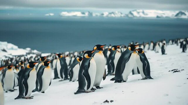 Gentoo penguin colony in the South Pole, Antarctic Peninsula. A large group of wild animals resting on a snowy hill, cold sea and mountains in the background. 4k video