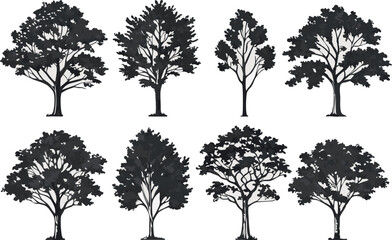 Collection of stylized silhouette trees in various shapes and detailed leaf structures
