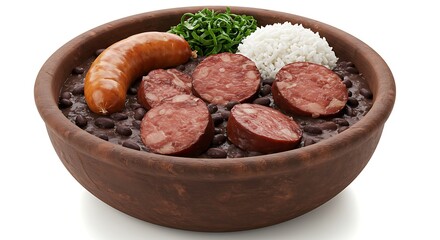 Traditional Brazilian Feijoada Stew Isolated On White Background Delicious Dish Featuring Black Beans Pork Sausage Rice and Collard Greens