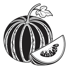 The monochrome muskmelon illustration includes a leaf and a slice, creating a simple food study