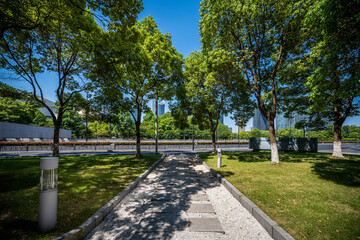 Tranquil Pathway Through a Lush Urban Park Under Bright Blue Sky