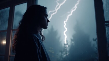 Young woman standing by the window, watching a dramatic lightning storm illuminating the night sky while fog envelops the forest outside, creating an atmosphere of mystery and tension