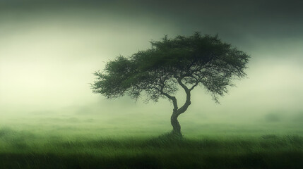 Tree in field misty landscape nature