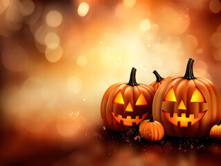 Three pumpkins with their eyes open and smiling on a table. Scene is cheerful and festive, as it is a Halloween scene