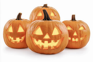 Four pumpkins with smiling faces on them. Scene is happy and festive. The idea is to create a cheerful and fun atmosphere for Halloween
