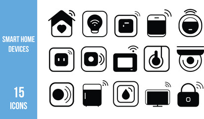 Vector icon set featuring smart home devices like thermostat, speaker, fridge, lock, lightbulb, sensors, and automation technology. 