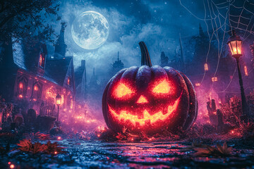 Pumpkin with a smiley face is in a town with a full moon in the background. The scene is set in a spooky, Halloween atmosphere