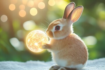 Cute bunny holding glowing magical orb in dreamy forest light symbolizing wonder, innocence, and imagination
